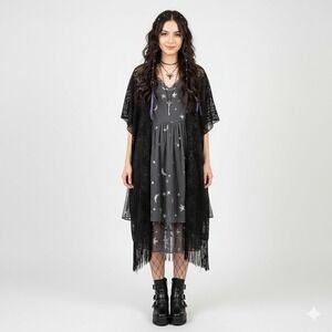 Lace Kimono Black Floral Fringed Hem Open Front Sheer Wrap Cardigan One Size